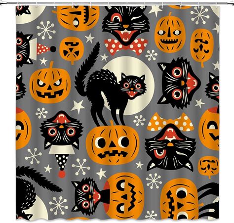 Cortina De Ducha De Gato Negro De Halloween Calabaza Naranja