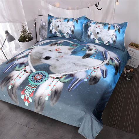 Blessliving Wolf Dream Catcher Bedding 3 Piece White Wolves Bed Set