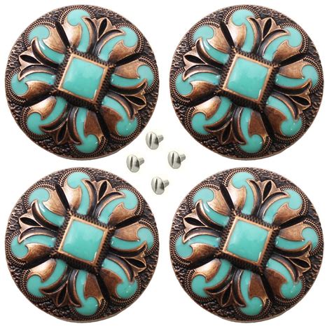 Set Of 4 Conchos Western Tack 1 14 Copper Engraved Turquoise Inlay