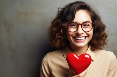 Premium Photo Smiling Female Holding A Red Heart In Her Hands