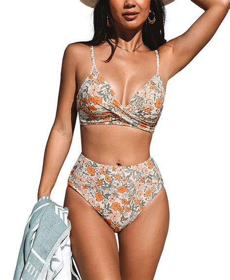 Cupshe Womens Floral Print Twist Bralette And Spliced High Waist Bikini Set Macys