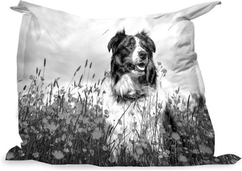 PillowMonkey Zitzak Een Border Collie Tussen De Bloemen Zwart Wit