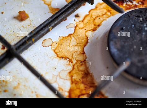 Dirty Grease Stove With Food Leftovers Unclean Gas Kitchen Cooktop