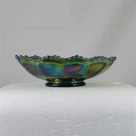 Antique Fenton Peacock Tail Green Carnival Glass Round Bowl Carnival Glass