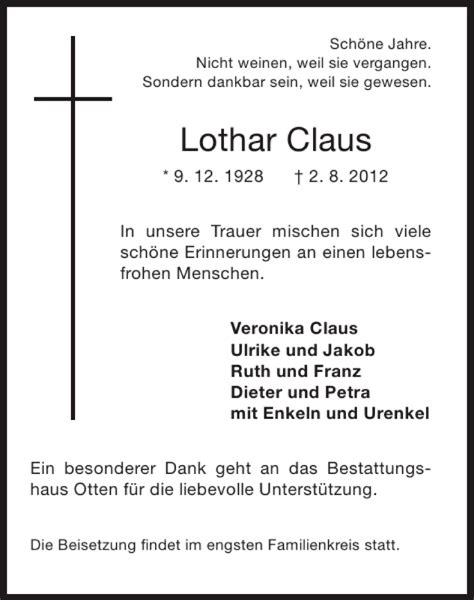 Traueranzeigen Von Lothar Claus Aachen Gedenkt