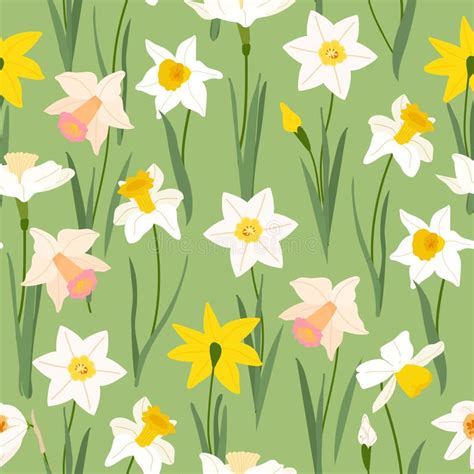 Yellow And White Daffodils Narcissus Seamless Pattern On Green