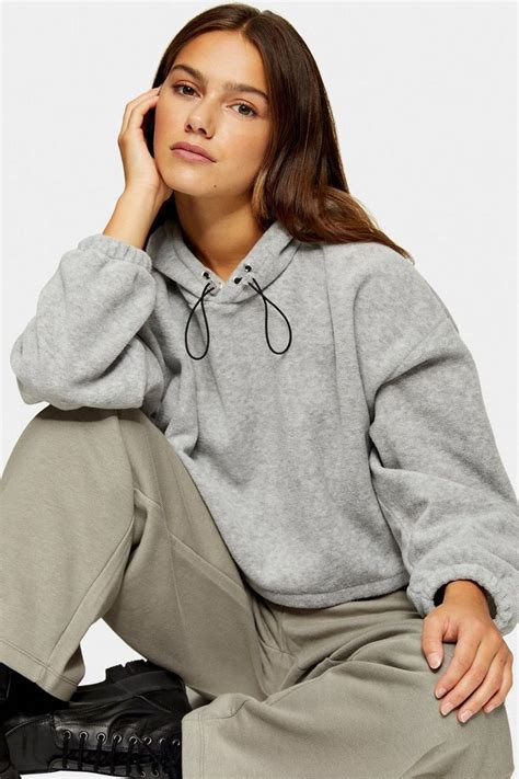 Womens Petite Grey Cropped Fleece Hoodie - Grey | Спортивный шик ...