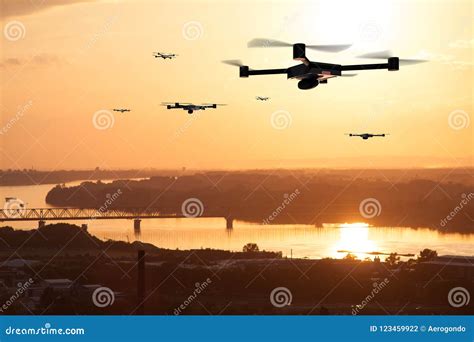 Many Drones Flying Over City Stock Photo Image Of Monitoring