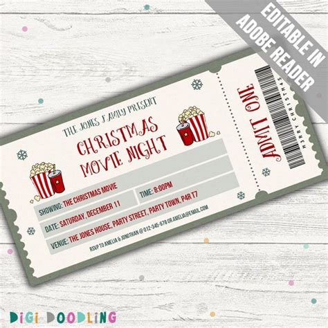 Christmas Movie Night Ticket Template Christmas Movie Night Invitation