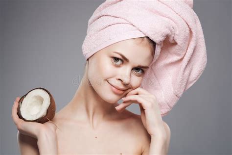 Beautiful Woman With Naked Body Clean Skin Coconut Isolated Background Stock Photo Image Of