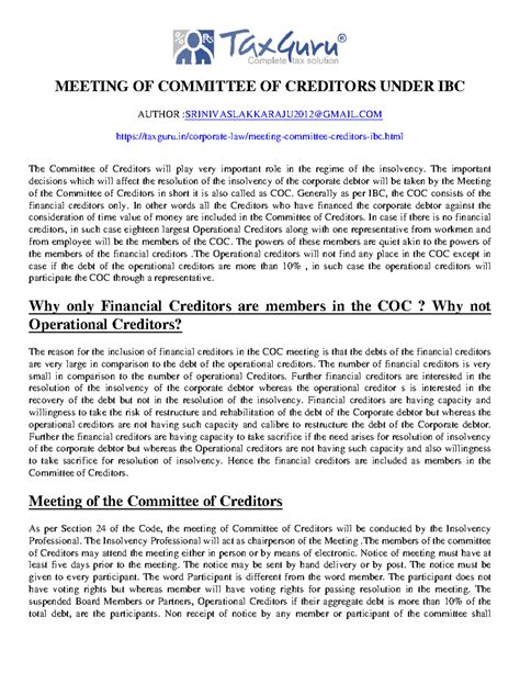 Meeting of Committee of Creditors under IBC- taxguru - MEETING OF
