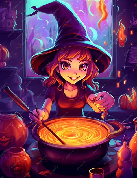 Premium Ai Image Witch Cooking A Pot Of Soup In A Kitchen With