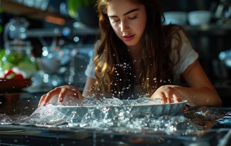 Premium Photo Young Woman Washing Dishes In The Kitchen Sink