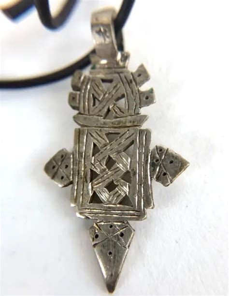 Vintage Ethiopian Coptic Cross Handmade Metal Pendant With Leather