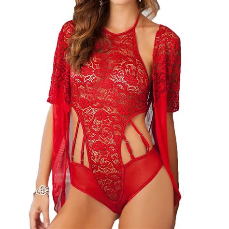 Comeondear Two Piece Lace Body Sexy Lingerie Women BodySuits With Coat