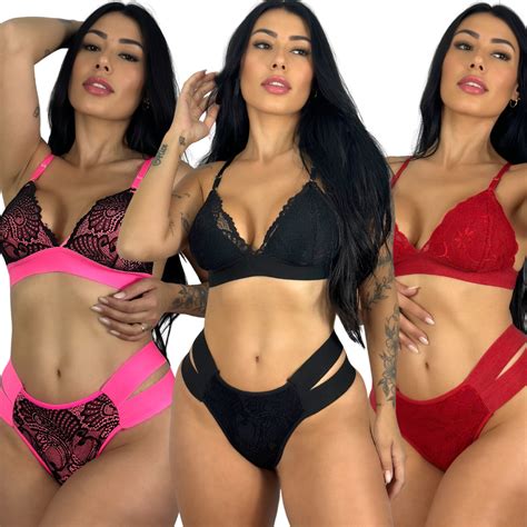Kit 3 Conjunto Lingerie Renda Calcinha E Sutiã Top Cós Alto Elástico Reforçado Duplo Sutiã Sem