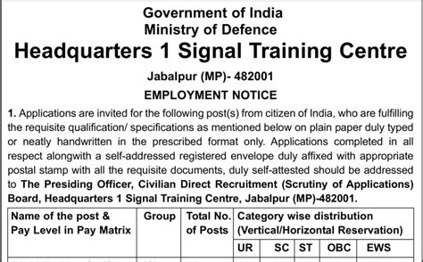 Headquarters 1 Signal Training Centre Jabalpur Recruitment 2022 Apply