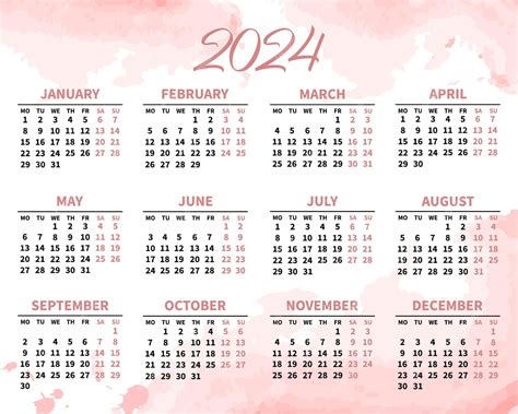 Calendário Para 2024 Em Um Fundo Aquarela Rosa Suave Modelo Horizontal