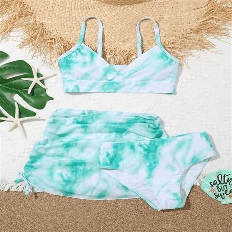 Girl S 3 Piece Swimwear Set Tie Dye Wireless Bra High Waisted Bikini Sets With Cover Up Beach