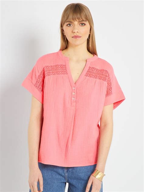 Blouse En Gaze De Coton Avec Broderie Rose Kiabi