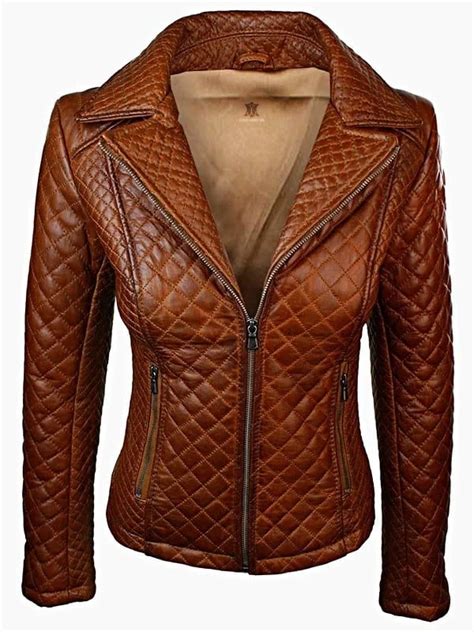 Women Quilted Sheepskin Fashion Leather Jacket Tan Brown Rays Creations