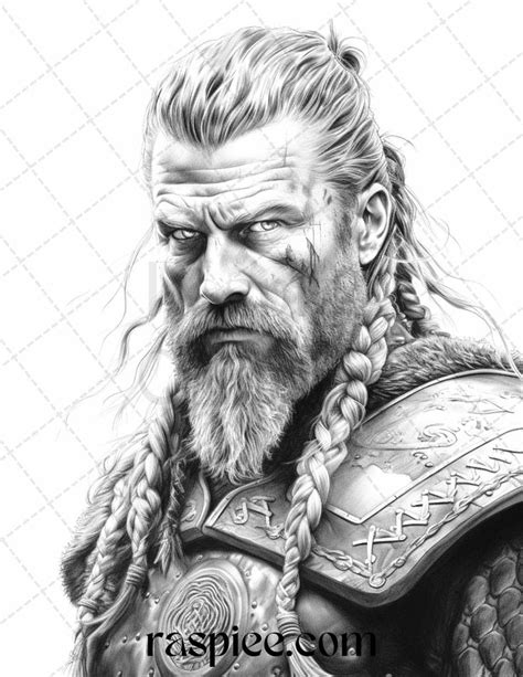 Viking Warriors Portrait Grayscale Coloring Pages Printable For Adu