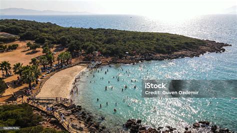 Aerial View Of People Swimming In The Sea Popular Island Crowd Of