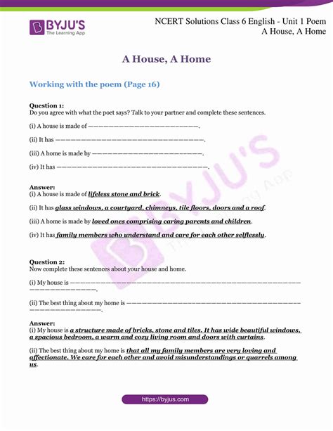 Ncert Solutions For Class English Unit Poem A House A Home