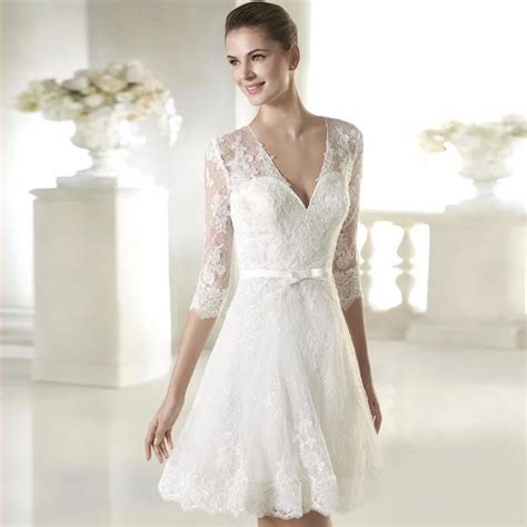 Half Sleeve V Neck White Lace Simple Short Wedding Dress Bridal Gown With Sash Vestido De Noiva