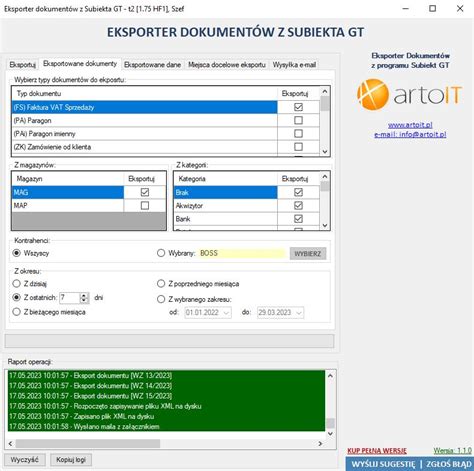 Eksport dokumentów z Subiekta GT do XML Excel CSV i PDF masowe