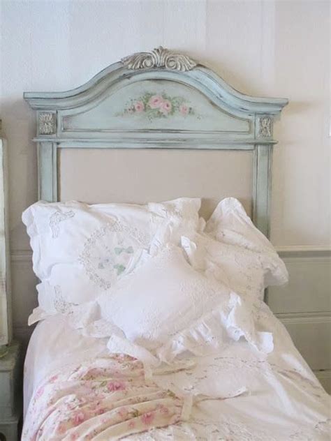 Shabby Chic Bed Light Blue Distressed Headboard With Painted Flowers