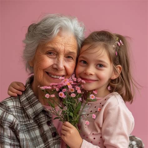 Emocionada madura dama latina mamá abuela con cumpleaños fiesta beso dar flores regalo Foto