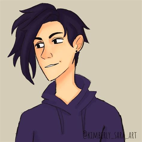 a drawing of a man with black hair wearing a purple hoodie and looking ...