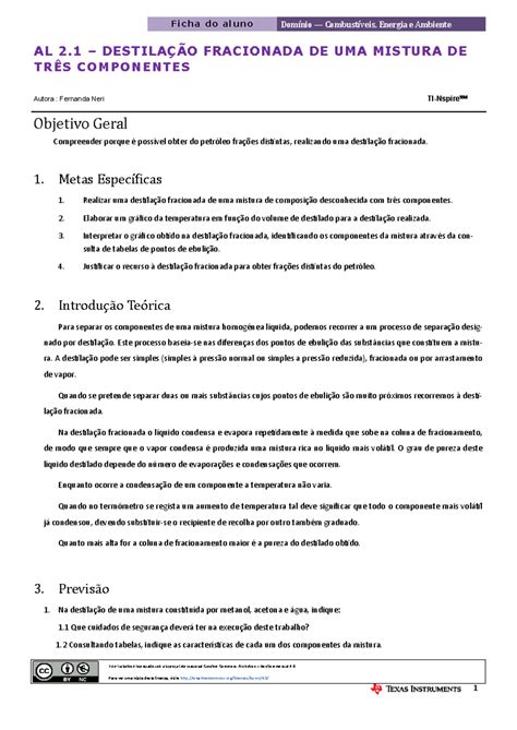 AL 2 1 Destilacao fracionada aluno Fi ch a do a l un o Domí nio