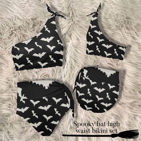 Bat High Waisted Bikini Set Goth Bikini Set Tween Bikini High Waisted One Shoulder Bikini Set
