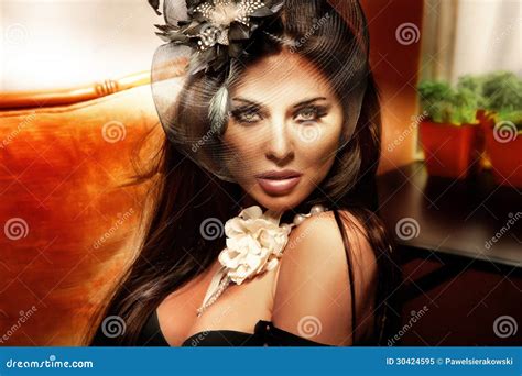 Retro Portrait Of Fashionable Brunette Woman Stock Image Image Of Fashionable Looking 30424595