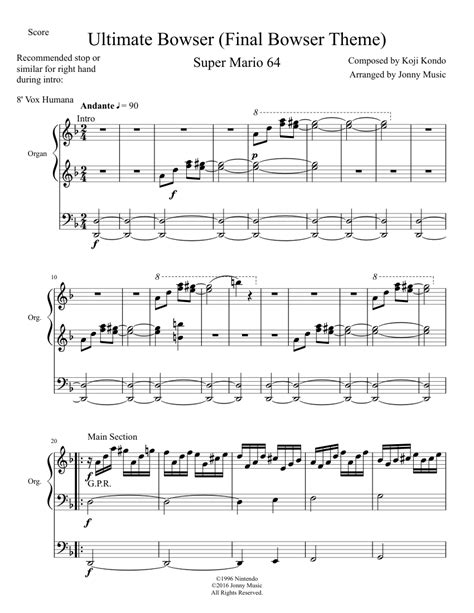 Ultimate Bowser Final Bowser Theme Super Mario 64 Organ Cover Sheet