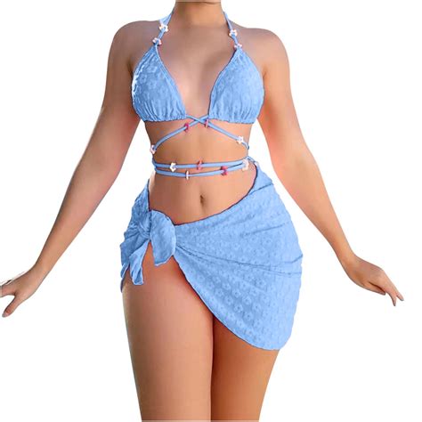 WREESH Womens Bikini Set With Sarong Bathing Suit Beach Cover Up Wrap Skirt Three Piece Suit