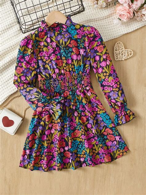 Shein Tween Girl Floral Print Flounce Sleeve Shirred Waist Dress