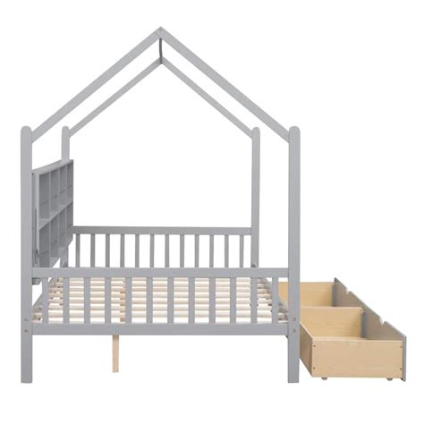 Wooden Full Size House Bed with 2 Drawers,Kids Bed with Storage Shelf ...