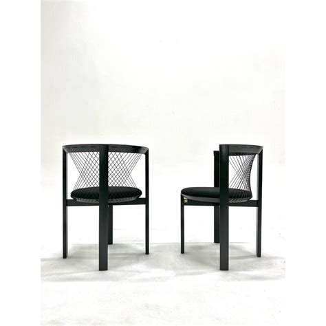 Pair Of Vintage String Chairs In Stained Ash And Black Wool Fabric By