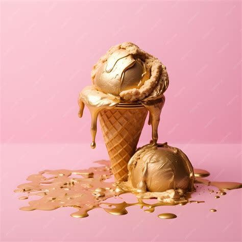 Premium AI Image | A gold ice cream cone has a picture of a melting ice ...