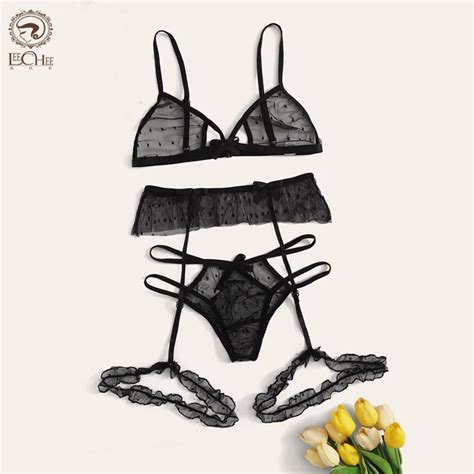 Leechee New Mesh Sexy Women Lingerie Pcs Bra Set Hollow Out Brassiere Transparent Underwear Set
