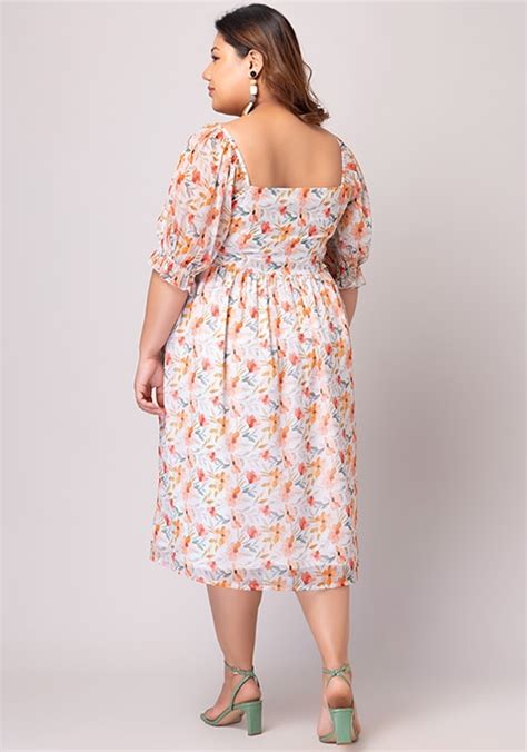 Buy Women Plus Size White Floral Print Puff Sleeve Dress Curve Shift