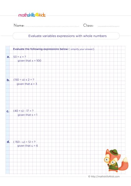 Grade 5 Algebraic Expressions Up To 2 Variables Worksheets