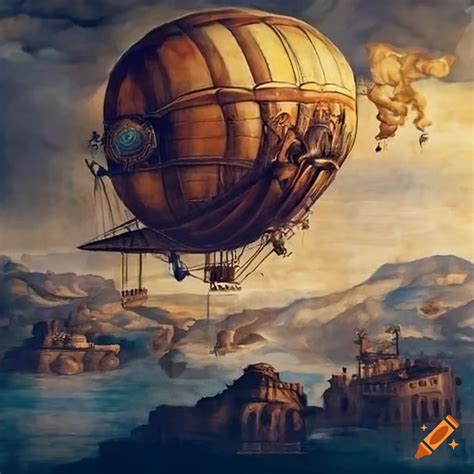 Steampunk Airship In The Sky Renaissance Fresco By Michelangelo