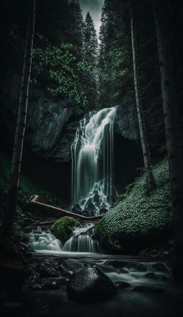 Una Cascada En Un Bosque Oscuro Con Un Rbol En El Medio Foto Premium