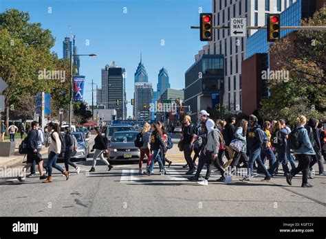 Students Of Drexel University On Intersection Philadelphia