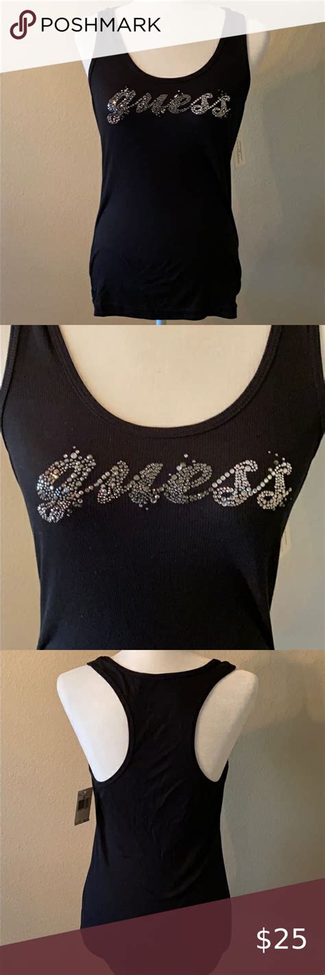 Guess Black Rhinestone Tank Top In 2020 Rhinestone Tank Tops