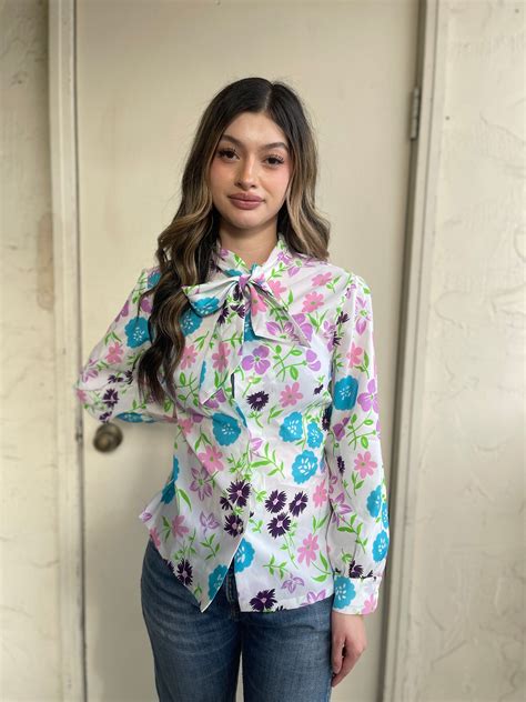 Vintage S Pussy Bow Puff Sleeve Sleeve Floral Flower Power Pretty Blouse Etsy